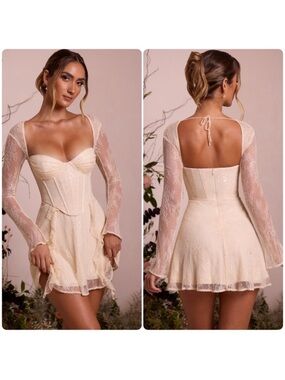 Oh Polly Ninette - Elegant Cream Lace Corset Mini Dress with Long Sheer Sleeves